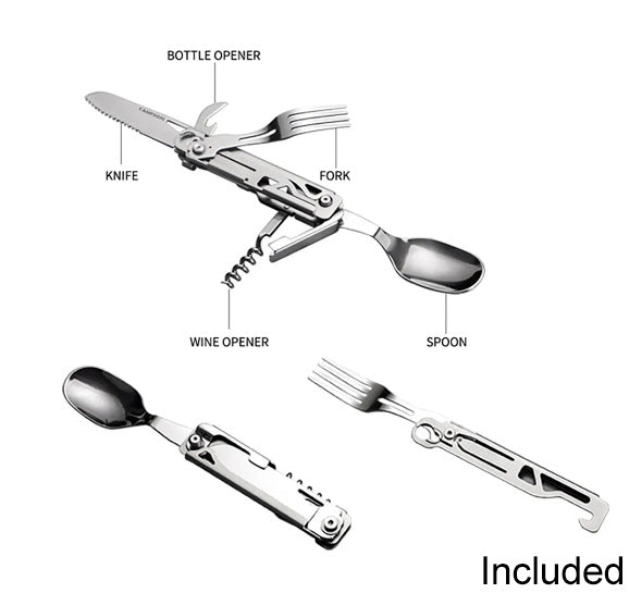 Photo of a swiss army knife style fork, knife, spoon, can opener and cork screw.