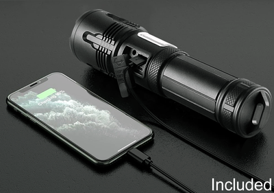 Photo of a led rechargeable flashlight charging an iPhone.