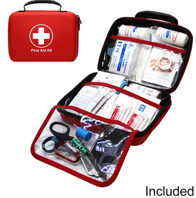 Photo of a first aid kit. One image shows the kit when it's closed, the other shows the kit when it's open, and all the items in it.