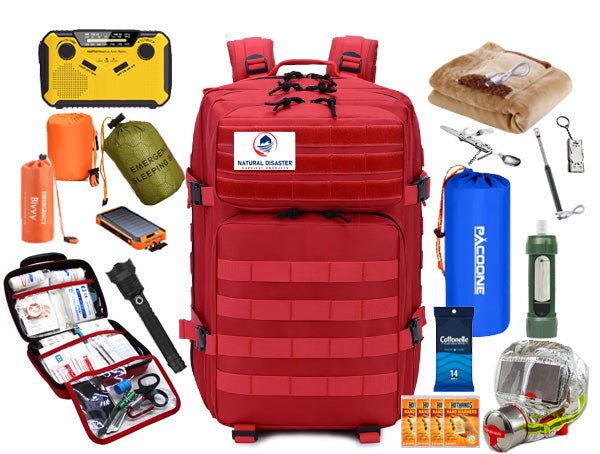 image of the Momma Bear Go Bag Essentials Kit, which is red, and has the Natural Disaster Survival Logo on it. Surrounding the red backpack are the items in the backpack which includes a solar powered radio, emergency sleeping bag, emergency poncho, emergency tent, solar powered power bank, flashlight, first aid kit, electric blanket, fork knife and spoon set, blowup mattress, usb lighter, emergency whistle, cottonelle wet wipes, fire escape mask and hand warmers.