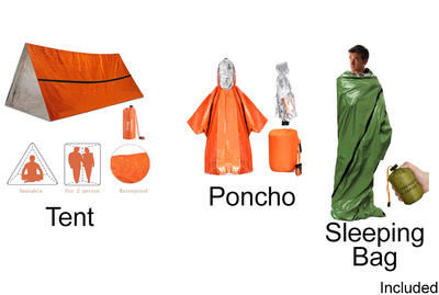 Photo showing a two person survival tent, a survival poncho, and a survival sleeping bag.