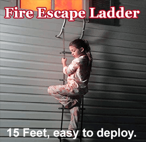 16 Foot Steel Fire Rescue Ladder with Hook System - Natural Disaster Survival Products. Young girl is using the ladder to escape a house fire. The copy on the image says, fire escape ladder.